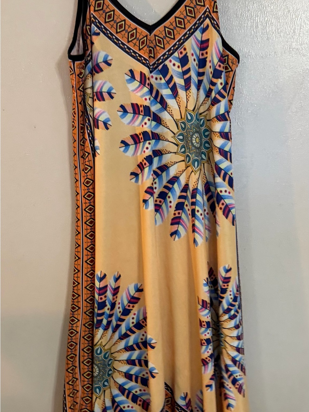 Sunburst Feather Print Sleeveless Maxi Dress - Yellow & Blue